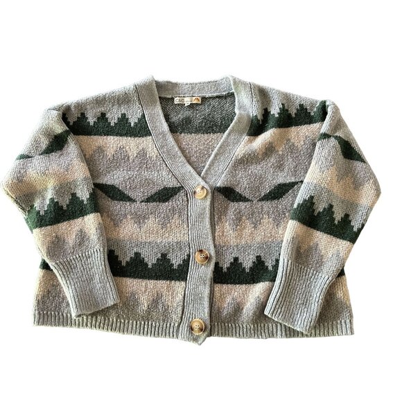 C&C California Pink Gray & Green Pattern V-Neck Knit Button-up Cardigan Sweater - Picture 1 of 6